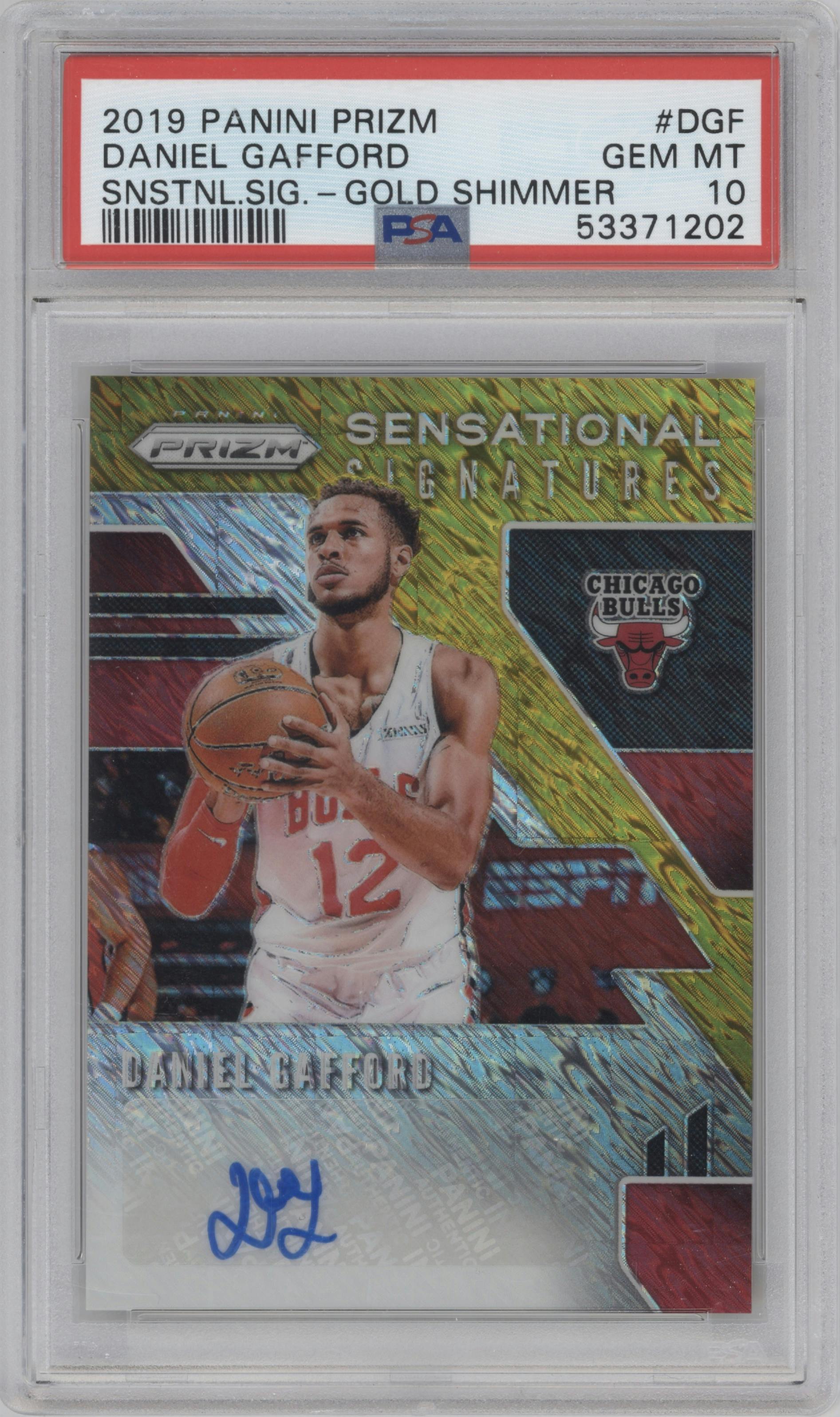 Daniel Gafford from the 2019-20 Panini Prizm set featuring a Gold Shimmer parallel graded by PSA and given an overall grade of 10.