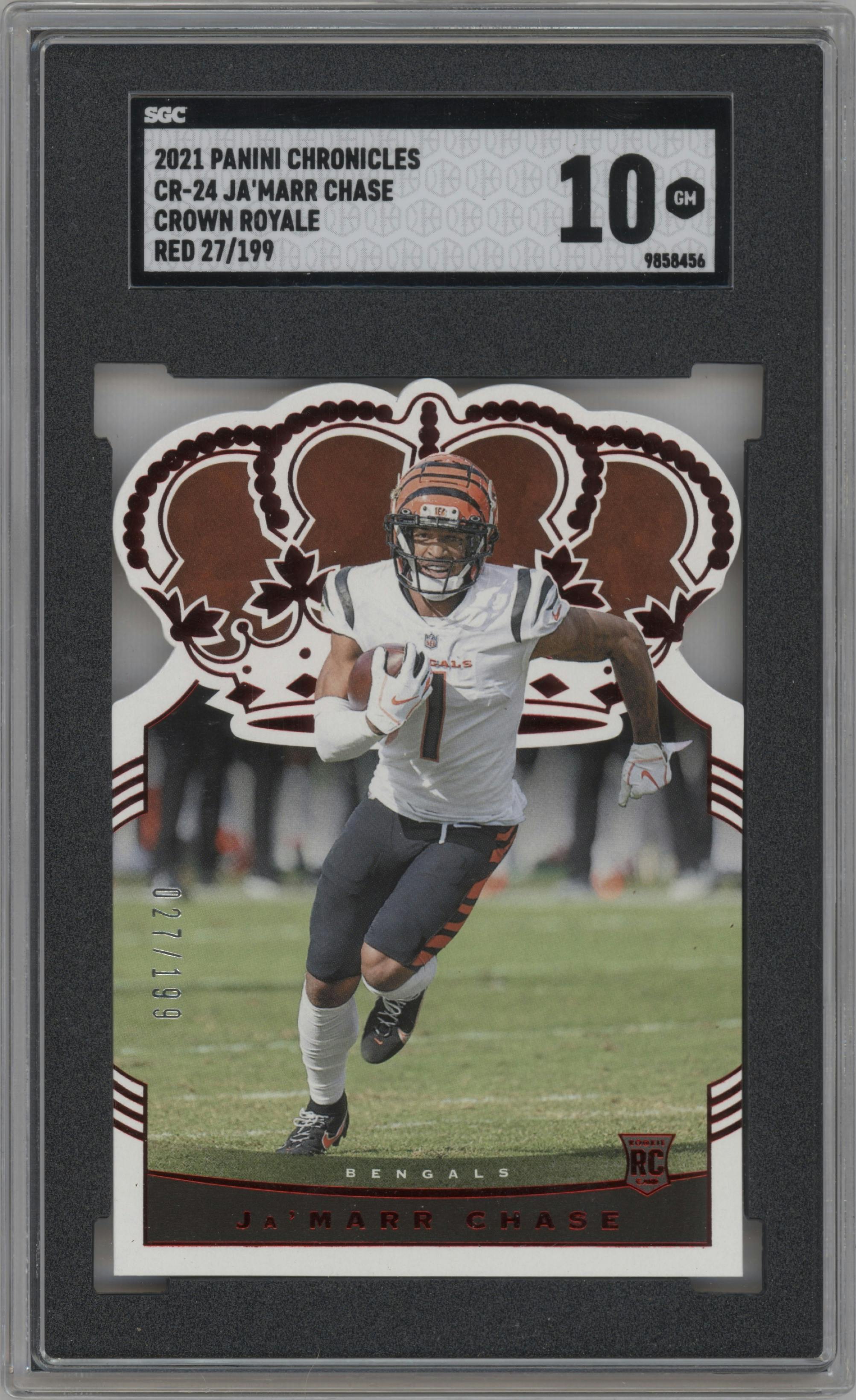Ja'Marr Chase from the 2021 Panini Chronicles set featuring a Red parallel graded by SGC and given an overall grade of 10.
