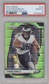 Saquon Barkley from the 2024 Panini Prizm set featuring a Neon Green Pulsar  parallel graded by PSA and given an overall grade of 10.