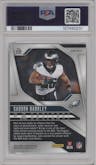 Saquon Barkley from the 2024 Panini Prizm set featuring a Neon Green Pulsar  parallel graded by PSA and given an overall grade of 10.