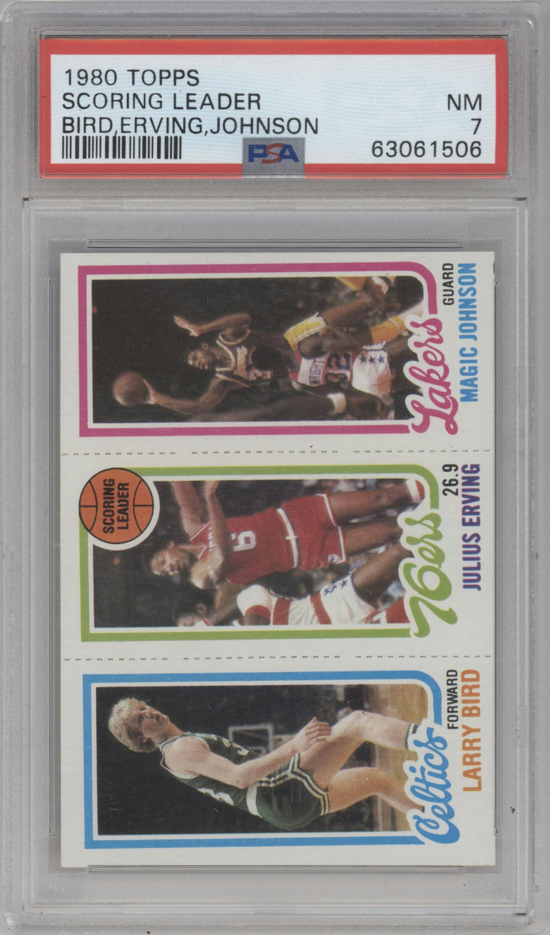 Larry Bird/Julius Erving/Magic Johnson from the 1980-81 Topps set graded by PSA and given an overall grade of 7.