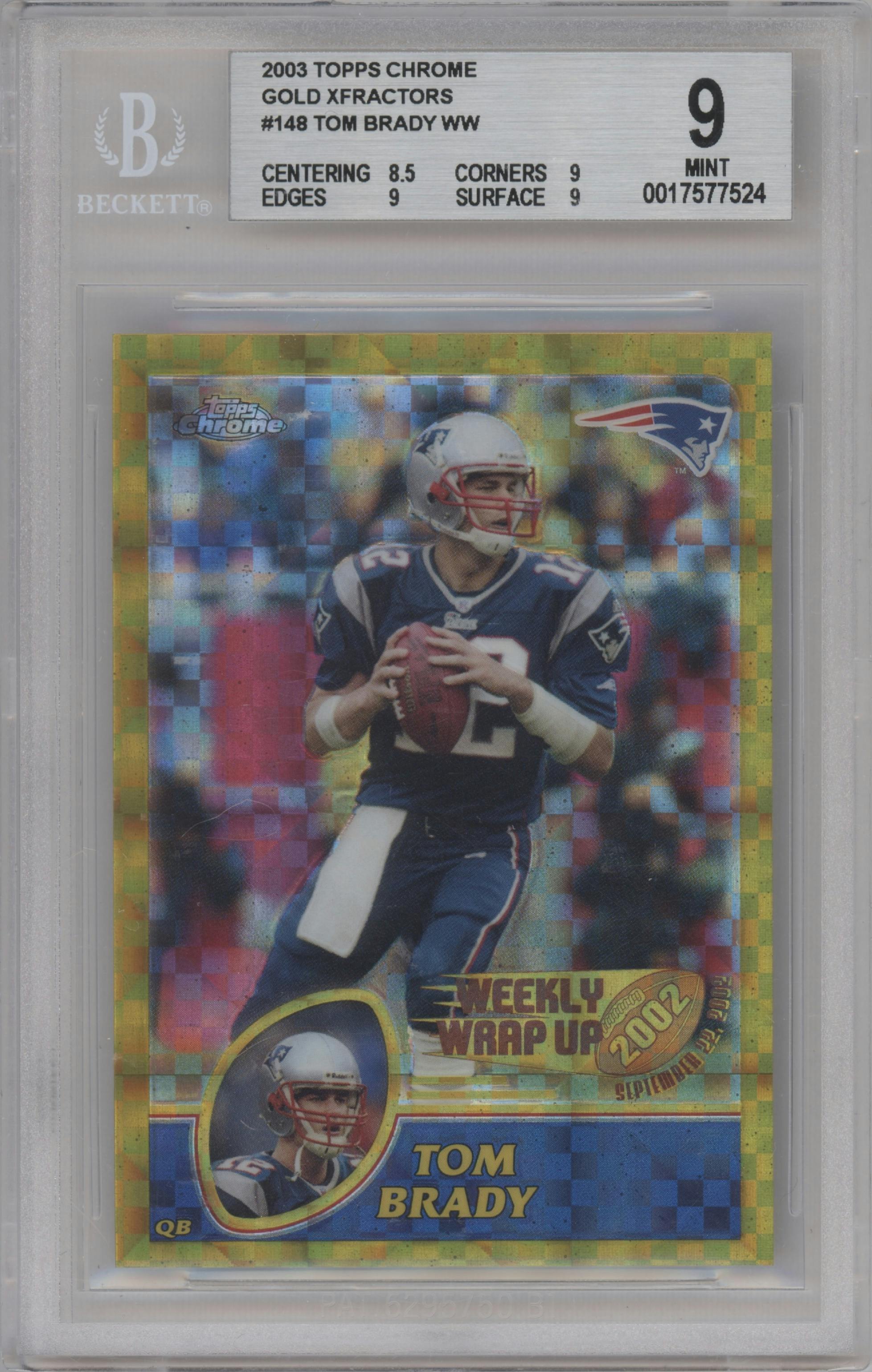 Tom Brady from the 2003 Topps Chrome set featuring a Gold Xfractor parallel graded by Beckett and given an overall grade of 9.