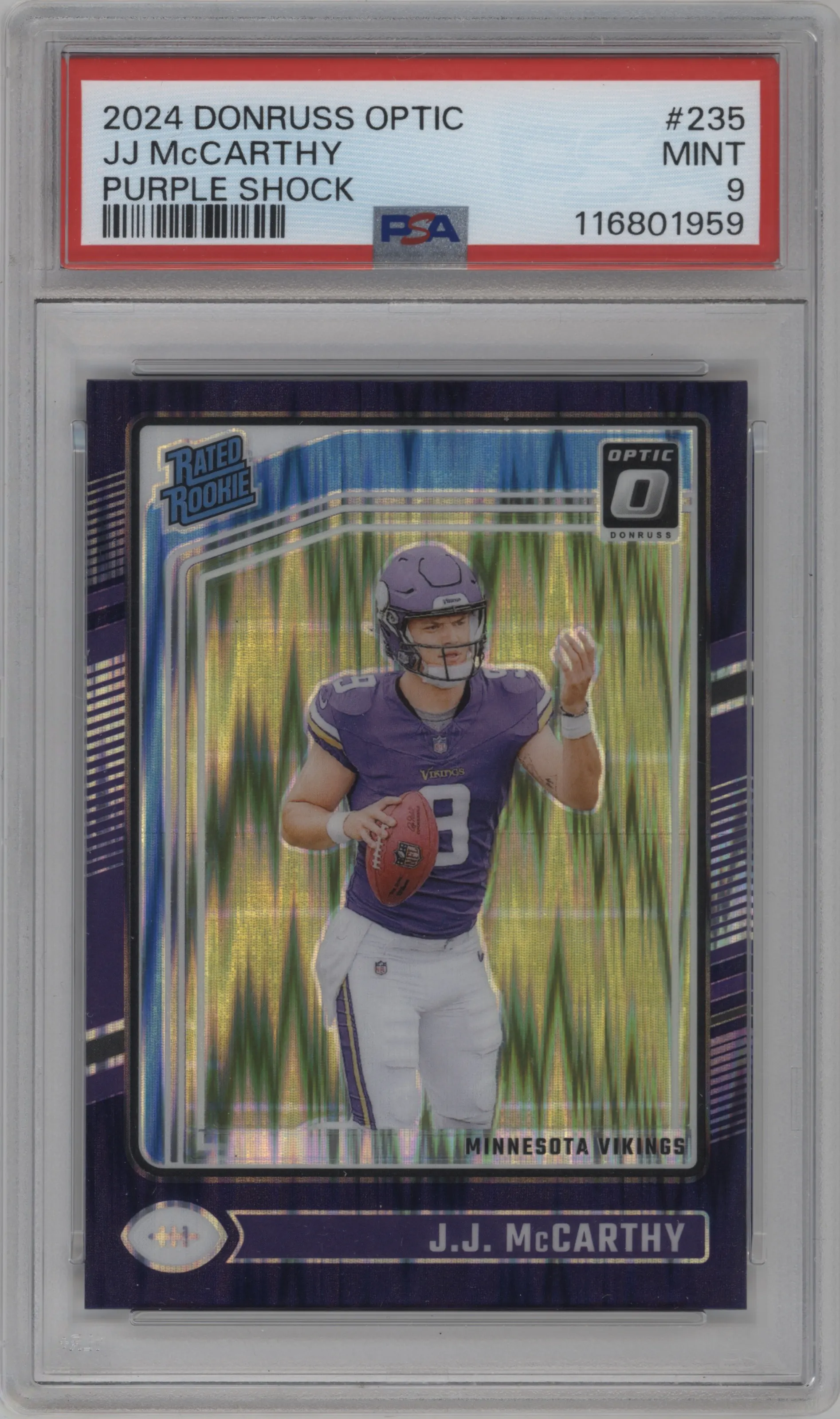 2024 Donruss Optic Rated Rookie J.J. McCarthy Purple Shock #235 PSA 9