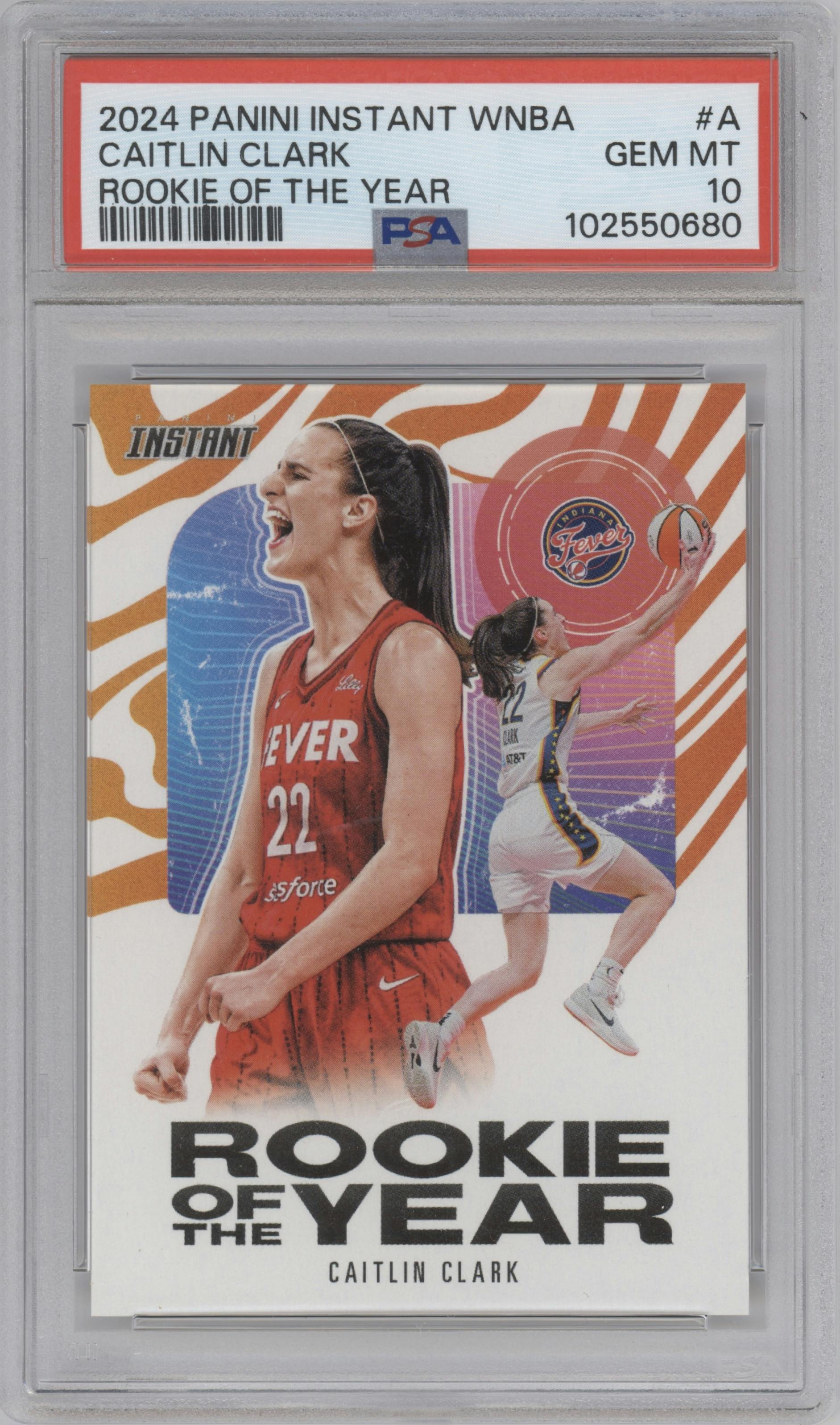 Caitlin Clark from the 2024-25 Panini Instant WNBA set graded by PSA and given an overall grade of 10.