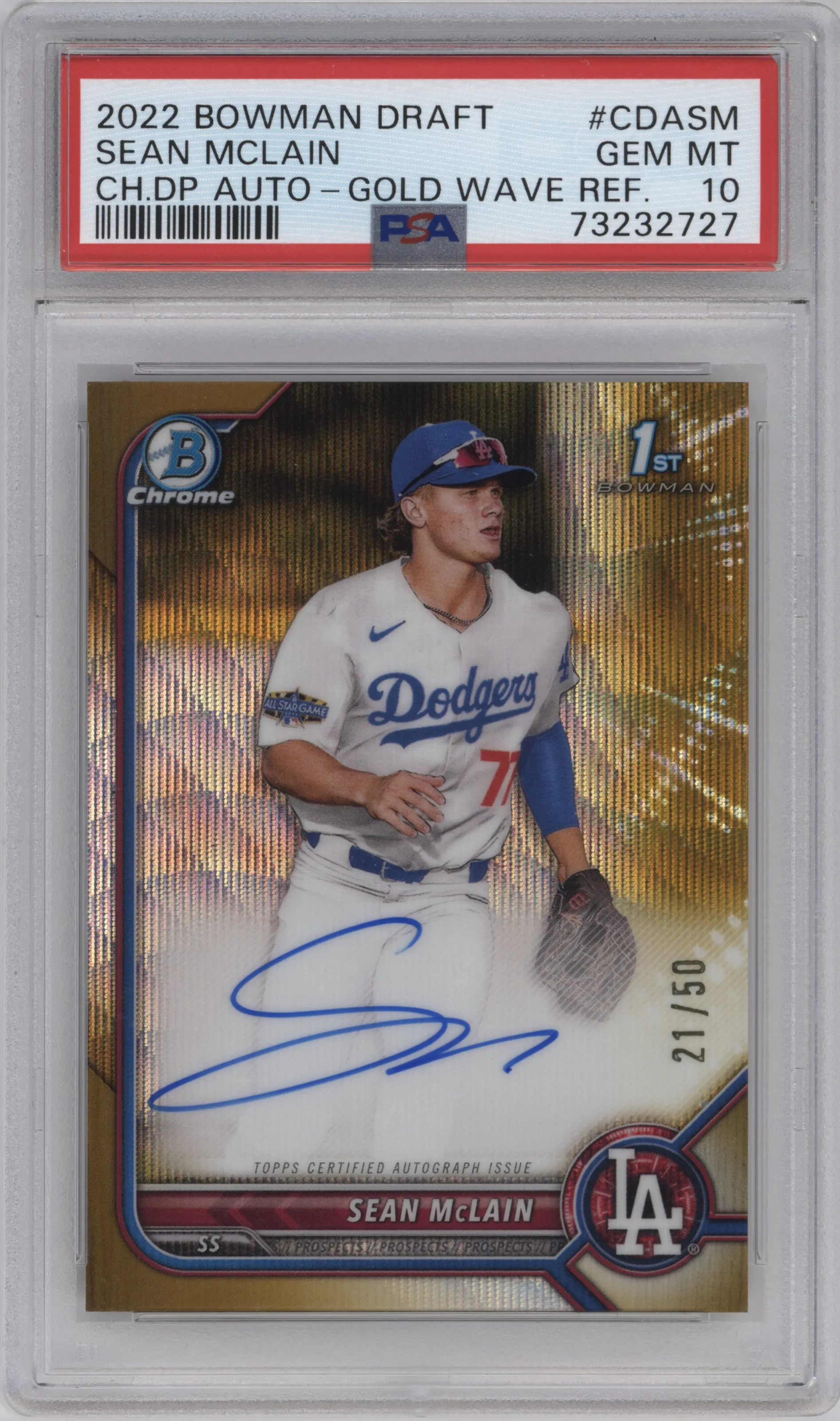 2022 Bowman Draft Chr.DP Auto Sean McLain Gold Wave Refractor PSA 10