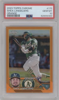Shea Langeliers from the 2023 Topps Chrome set featuring a Orange Refractor parallel graded by PSA and given an overall grade of 10.