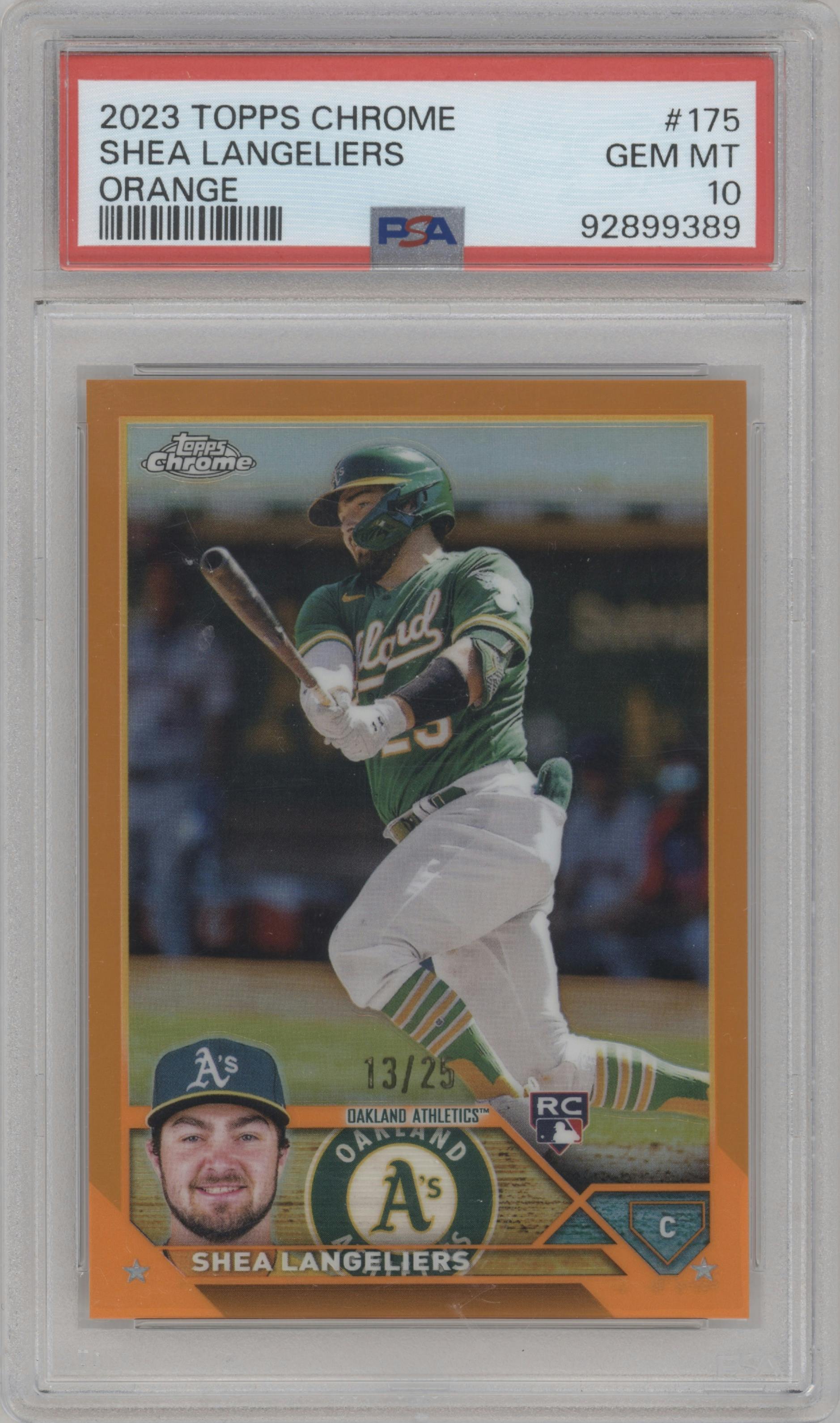 Shea Langeliers from the 2023 Topps Chrome set featuring a Orange Refractor parallel graded by PSA and given an overall grade of 10.