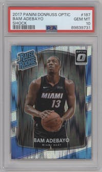 Bam Adebayo from the 2017-18 Panini Donruss Optic set featuring a Shock parallel graded by PSA and given an overall grade of 10.
