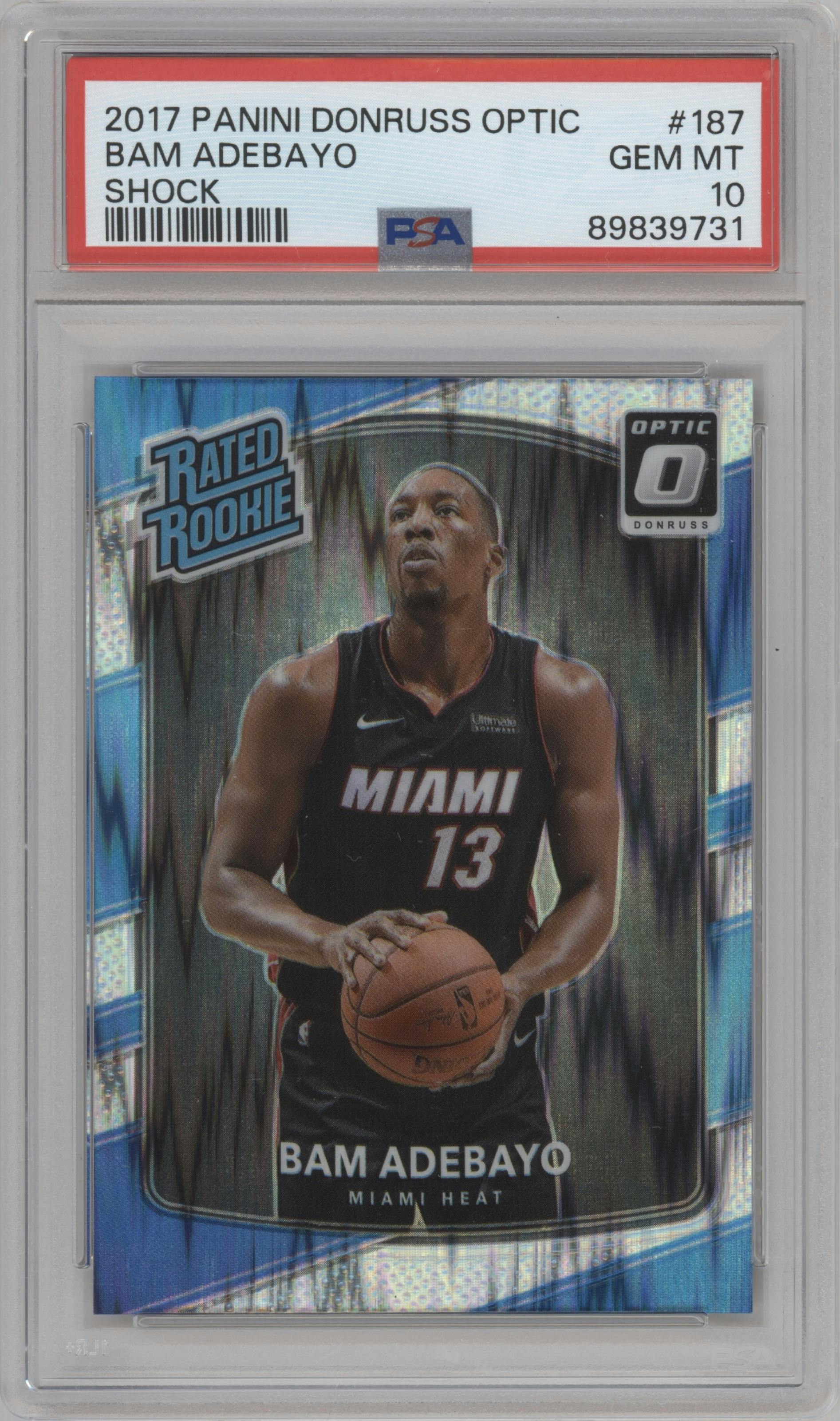 Bam Adebayo from the 2017-18 Panini Donruss Optic set featuring a Shock parallel graded by PSA and given an overall grade of 10.
