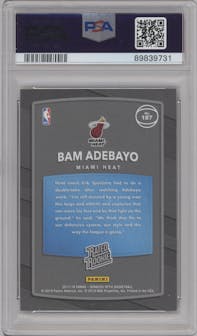 Bam Adebayo from the 2017-18 Panini Donruss Optic set featuring a Shock parallel graded by PSA and given an overall grade of 10.