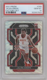 Jalen Green from the 2021-22 Panini Prizm  set featuring a Factory Box Set parallel graded by PSA and given an overall grade of 10.