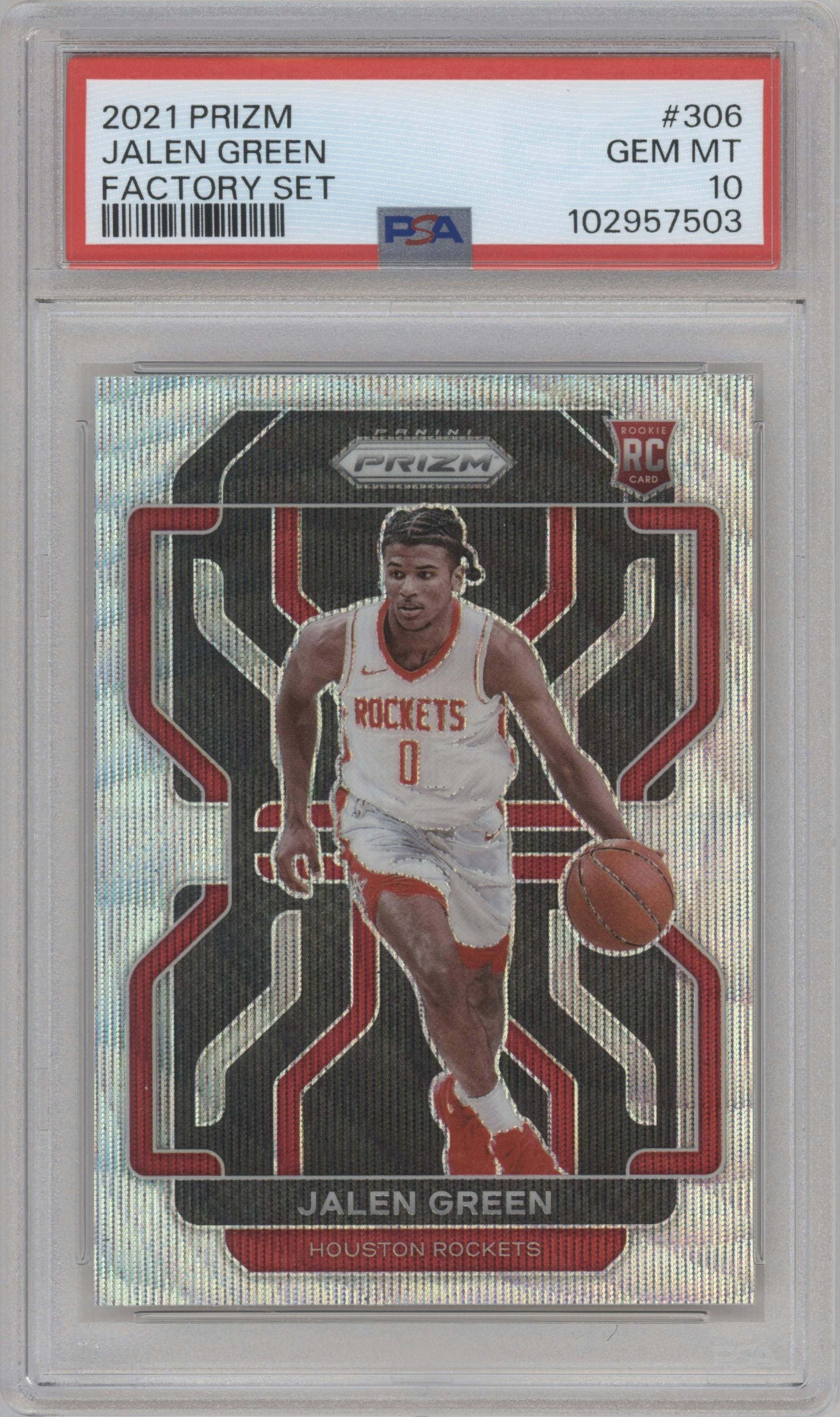 Jalen Green from the 2021-22 Panini Prizm  set featuring a Factory Box Set parallel graded by PSA and given an overall grade of 10.