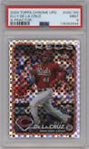 Elly De La Cruz from the 2024 Topps Chrome Update set featuring a X-Fractor parallel graded by PSA and given an overall grade of 9.