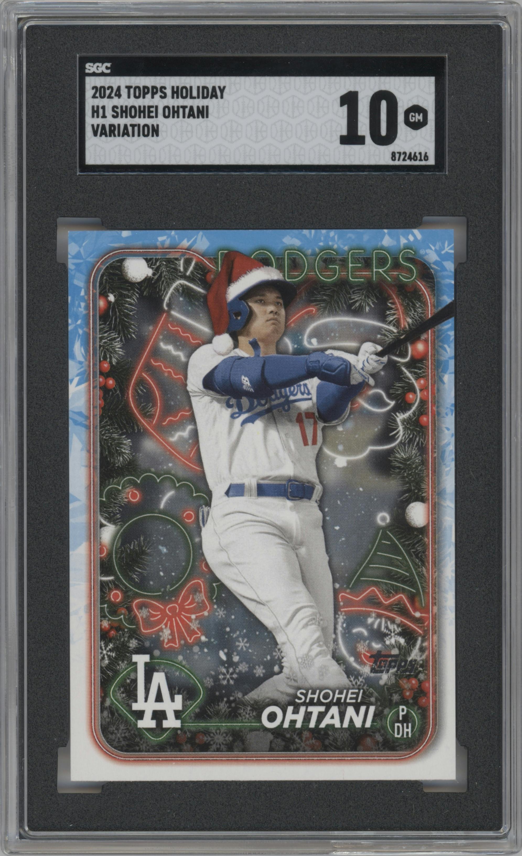 Shohei Ohtani from the 2024 Topps Holiday set graded by SGC and given an overall grade of 10.