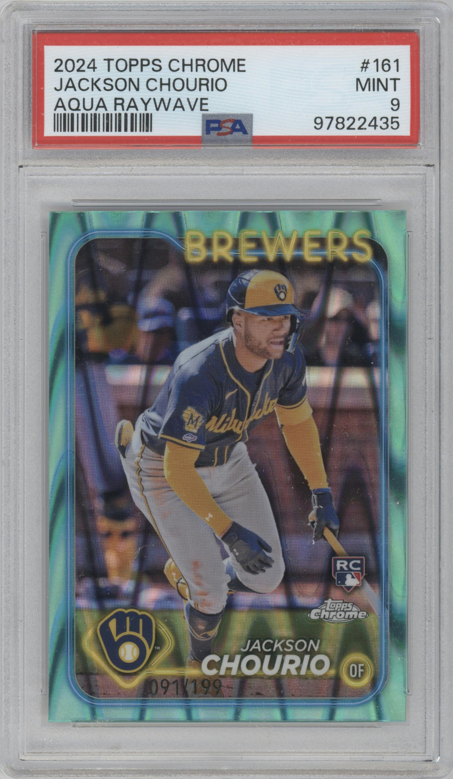 Jackson Chourio from the 2024 Topps Chrome set featuring a Aqua Raywave Refractor parallel graded by PSA and given an overall grade of 9.