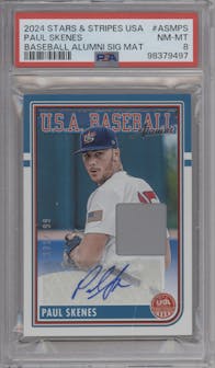 Paul Skenes from the 2024 Panini USA Baseball Stars & Stripes set graded by PSA and given an overall grade of 8.