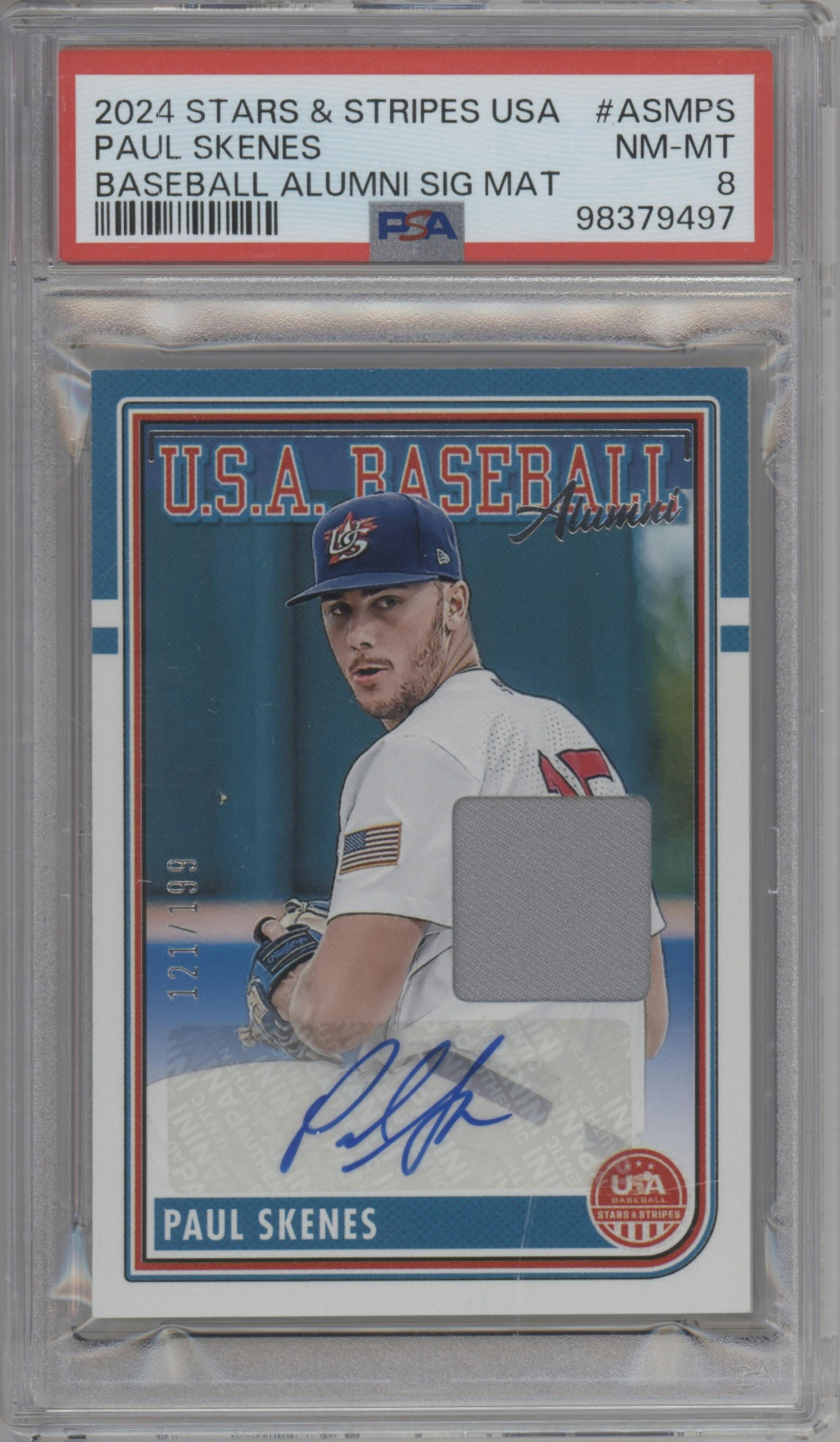 Paul Skenes from the 2024 Panini USA Baseball Stars & Stripes set graded by PSA and given an overall grade of 8.