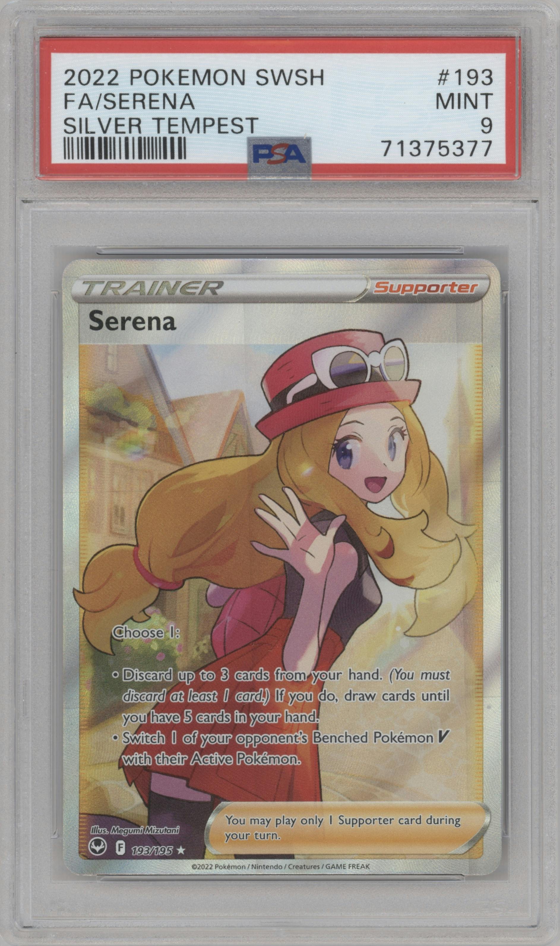 Serena from the 2022 Pokemon SWSH set graded by PSA and given an overall grade of 9.