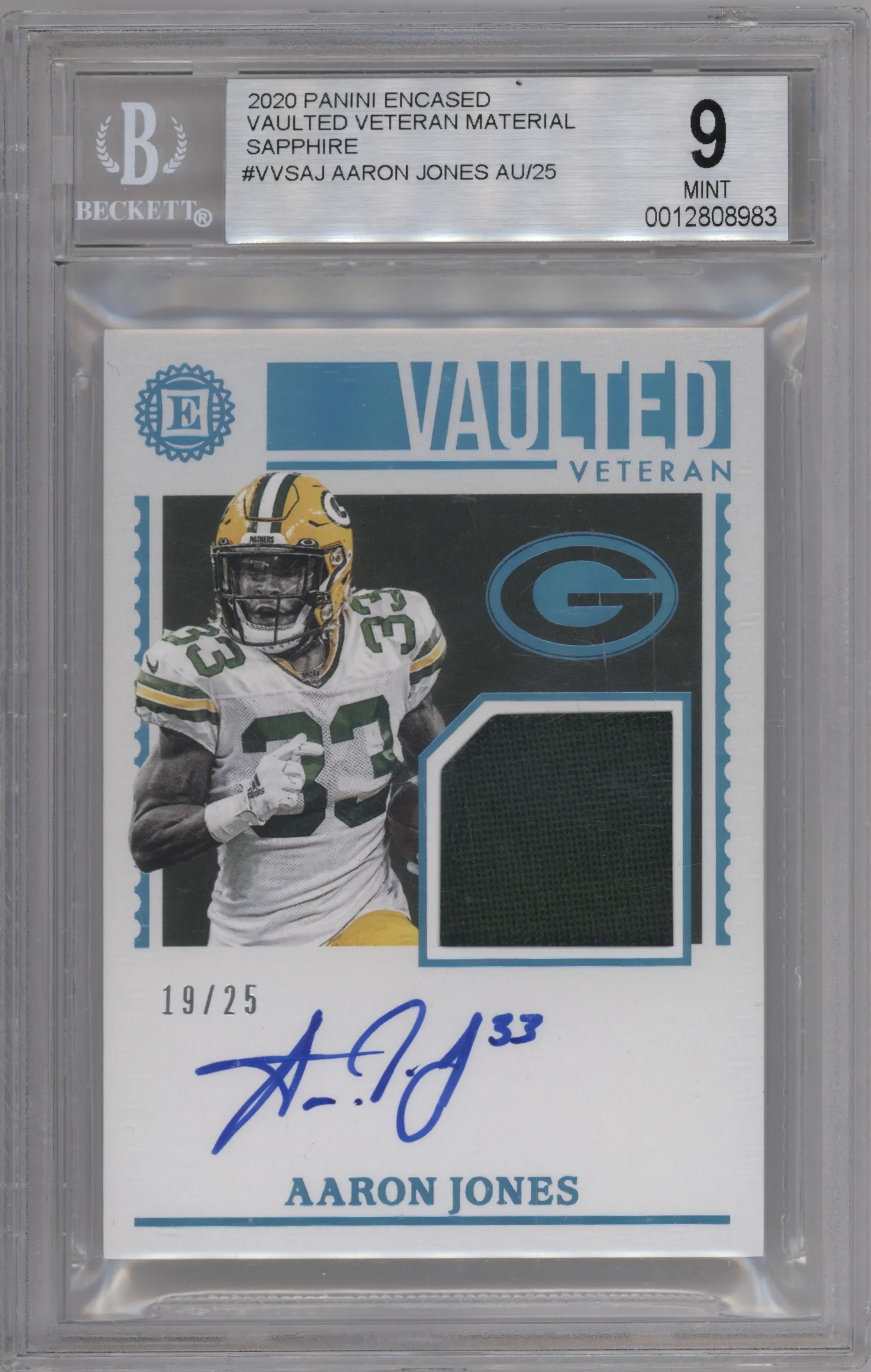 2020 Panini Encased Vaulted Mat.Sig. Aaron Jones Sapphire #VVS-AJ BGS 9