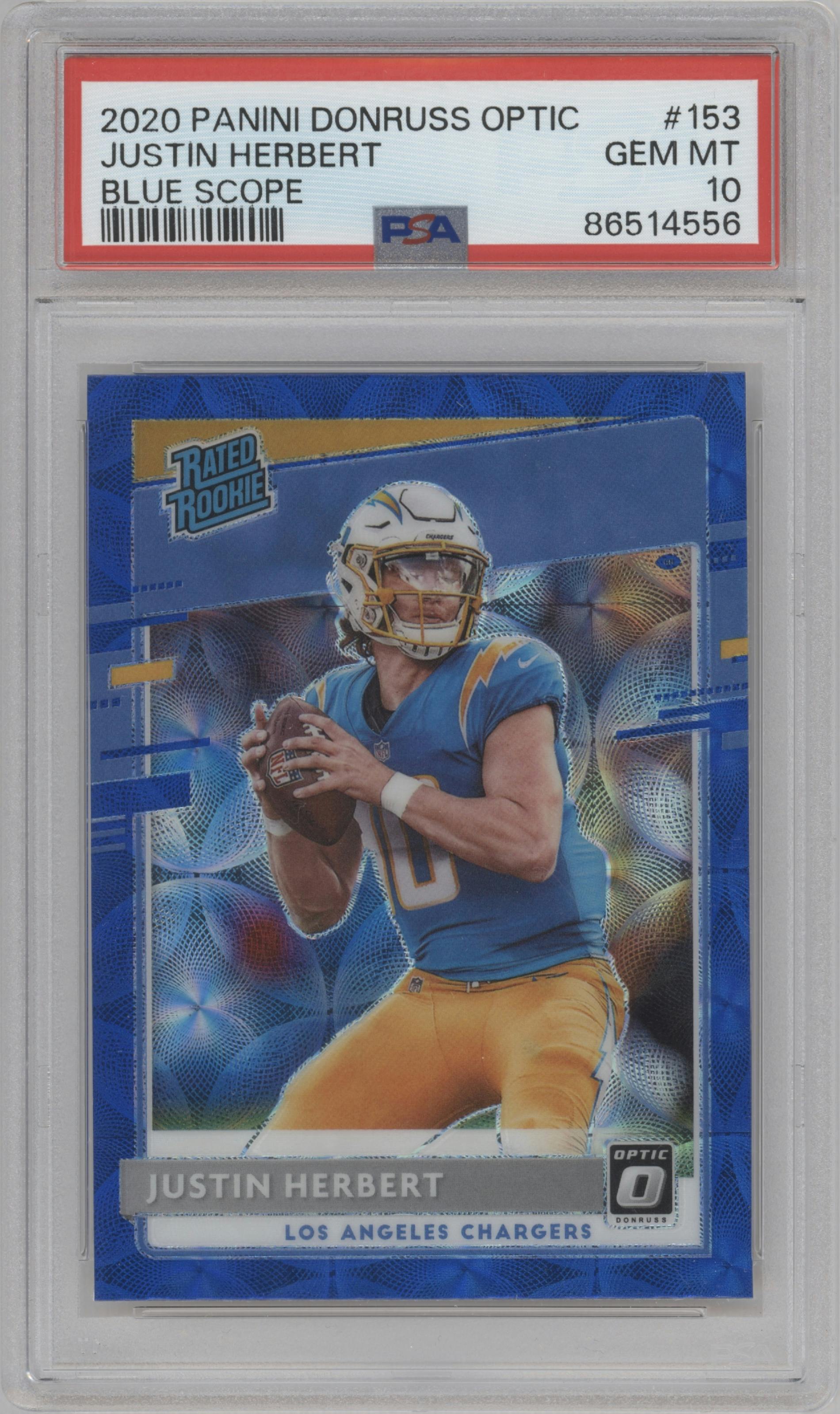 Justin Herbert from the 2020 Panini Donruss Optic set featuring a Blue Scope parallel graded by PSA and given an overall grade of 10.