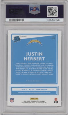 Justin Herbert from the 2020 Panini Donruss Optic set featuring a Blue Scope parallel graded by PSA and given an overall grade of 10.