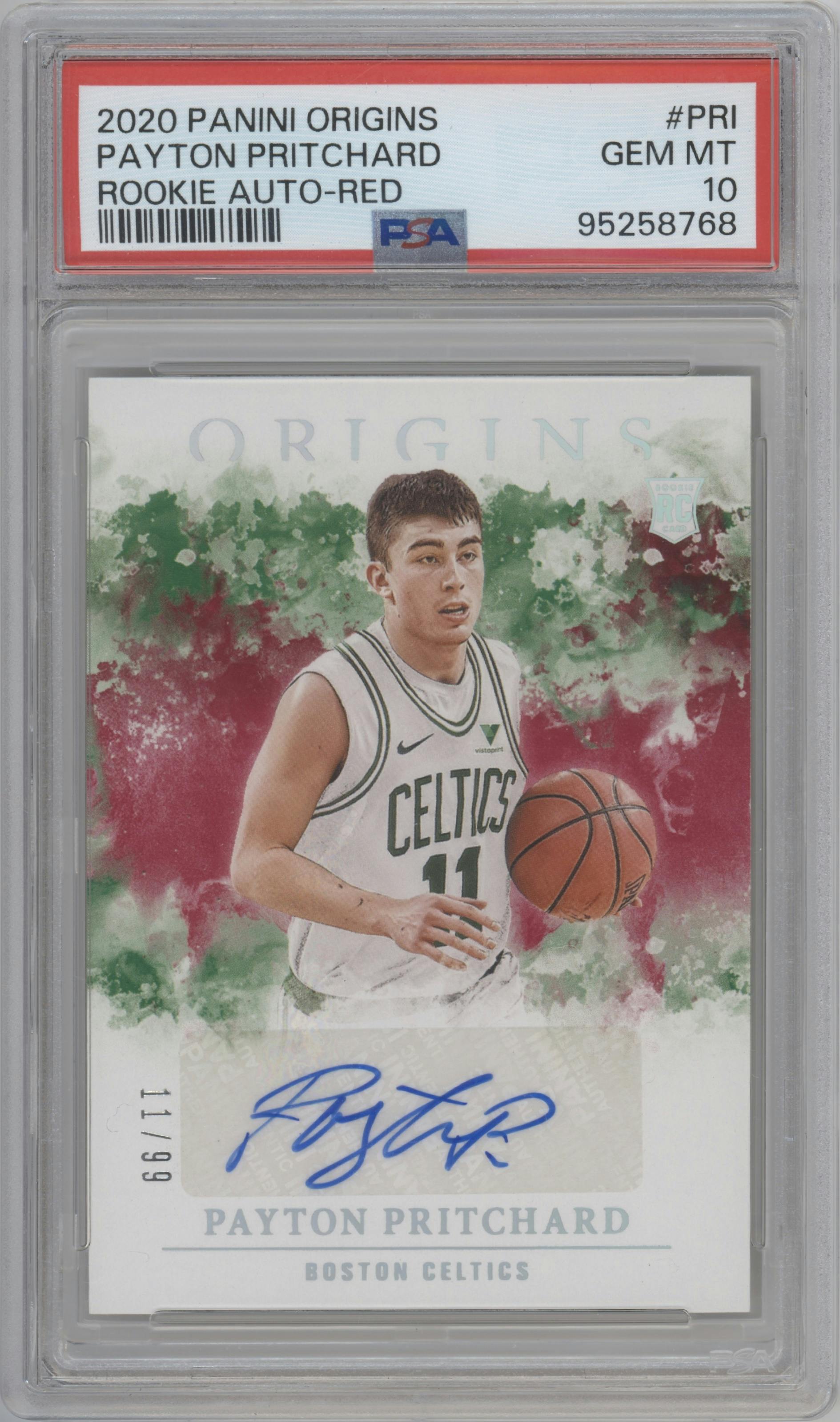 Payton Pritchard from the 2020-21 Panini Origins  set featuring a Red parallel graded by PSA and given an overall grade of 10.