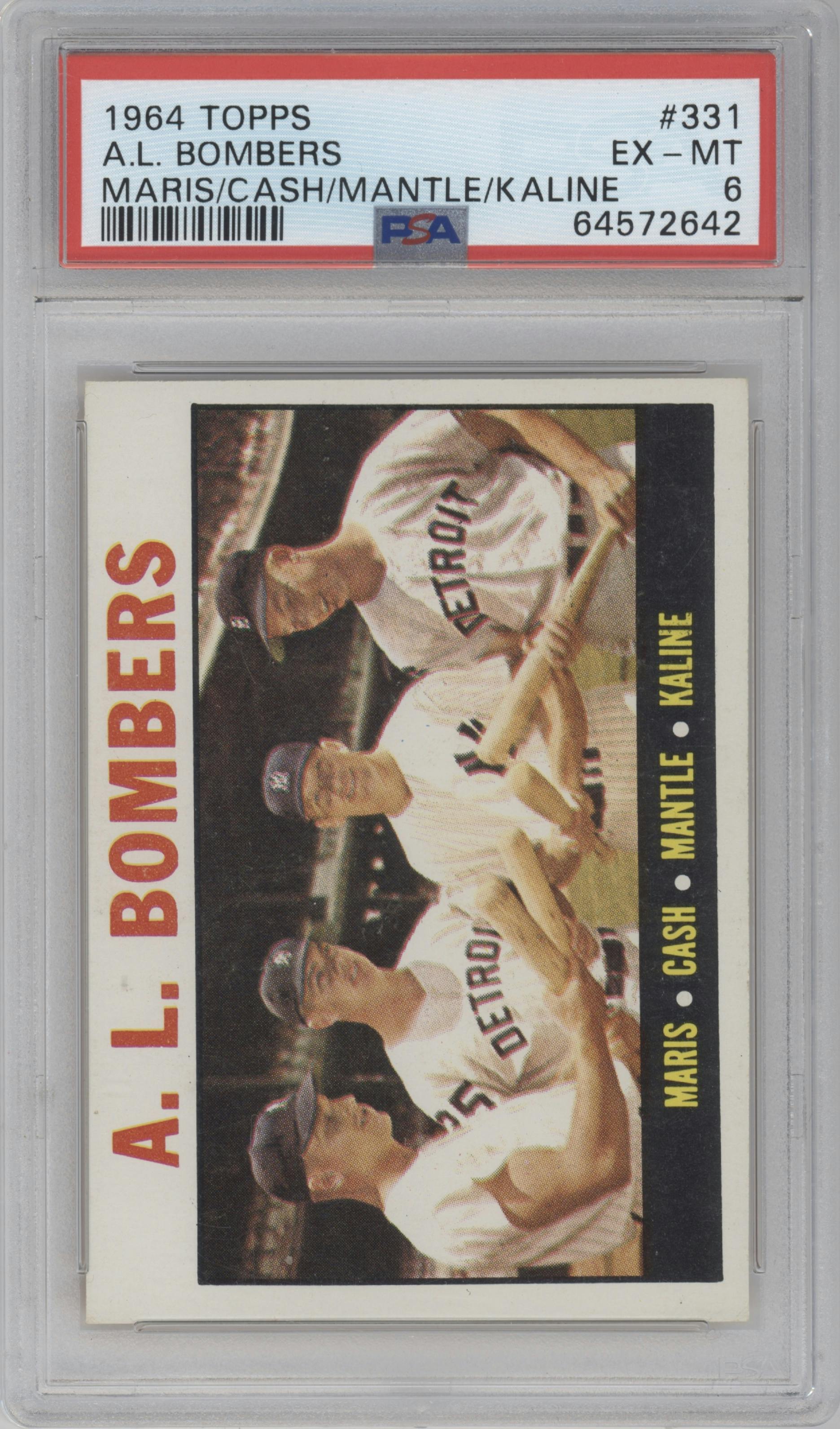 Roger Maris/Norm Cash/Mickey Mantle/Al Kaline from the 1964 Topps set graded by PSA and given an overall grade of 6.