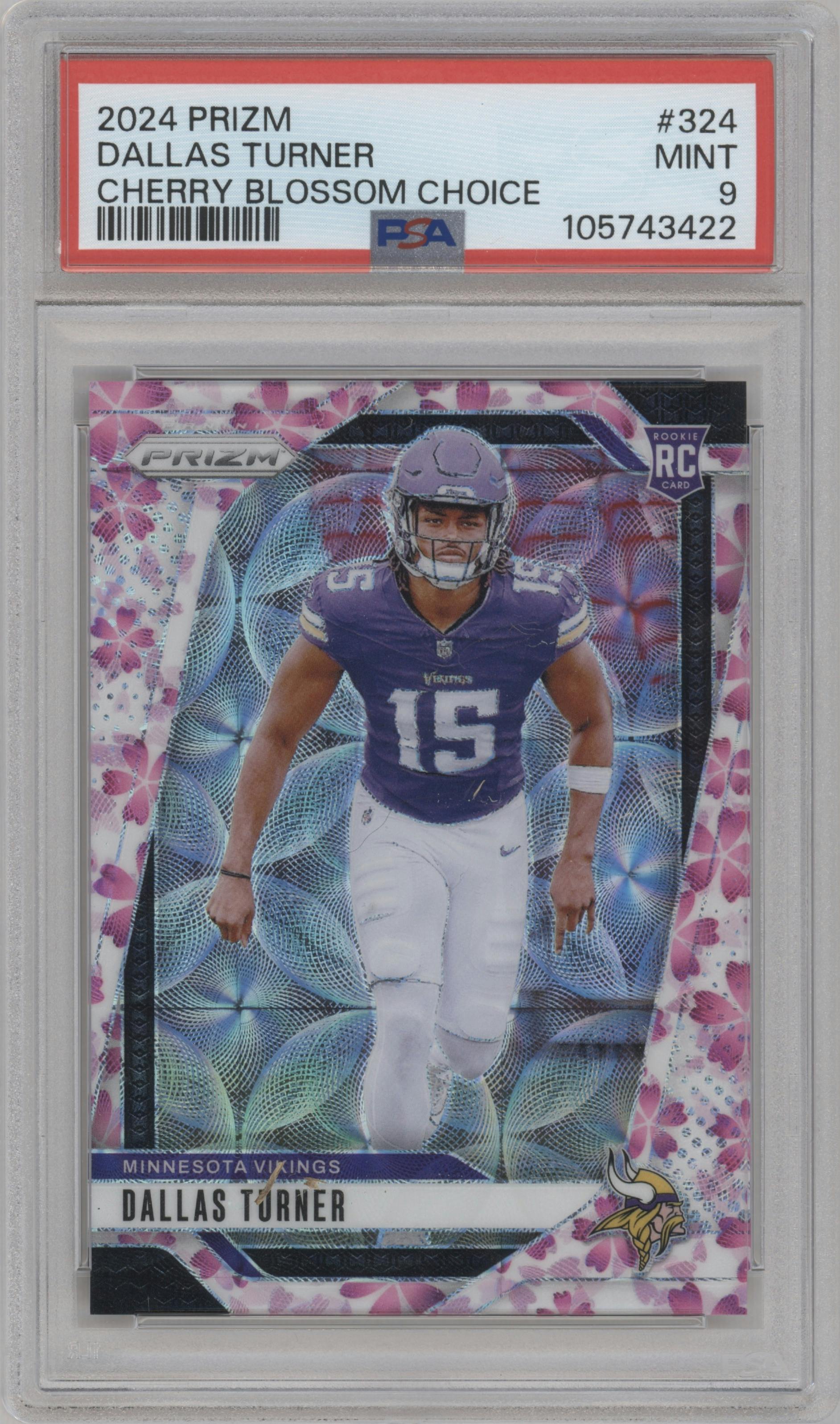 Dallas Turner from the 2024 Panini Prizm set featuring a Choice Cherry Blossom Prizm parallel graded by PSA and given an overall grade of 9.