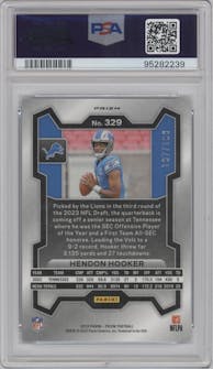 Hendon Hooker from the 2023 Panini Prizm set featuring a Blue Wave parallel graded by PSA and given an overall grade of 10.