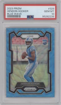 Hendon Hooker from the 2023 Panini Prizm set featuring a Blue Wave parallel graded by PSA and given an overall grade of 10.