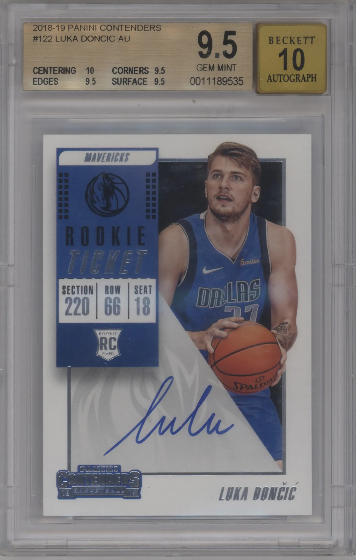 2018 Panini Contenders Rke.Tkt.Auto Luka Doncic #122 BGS 9.5