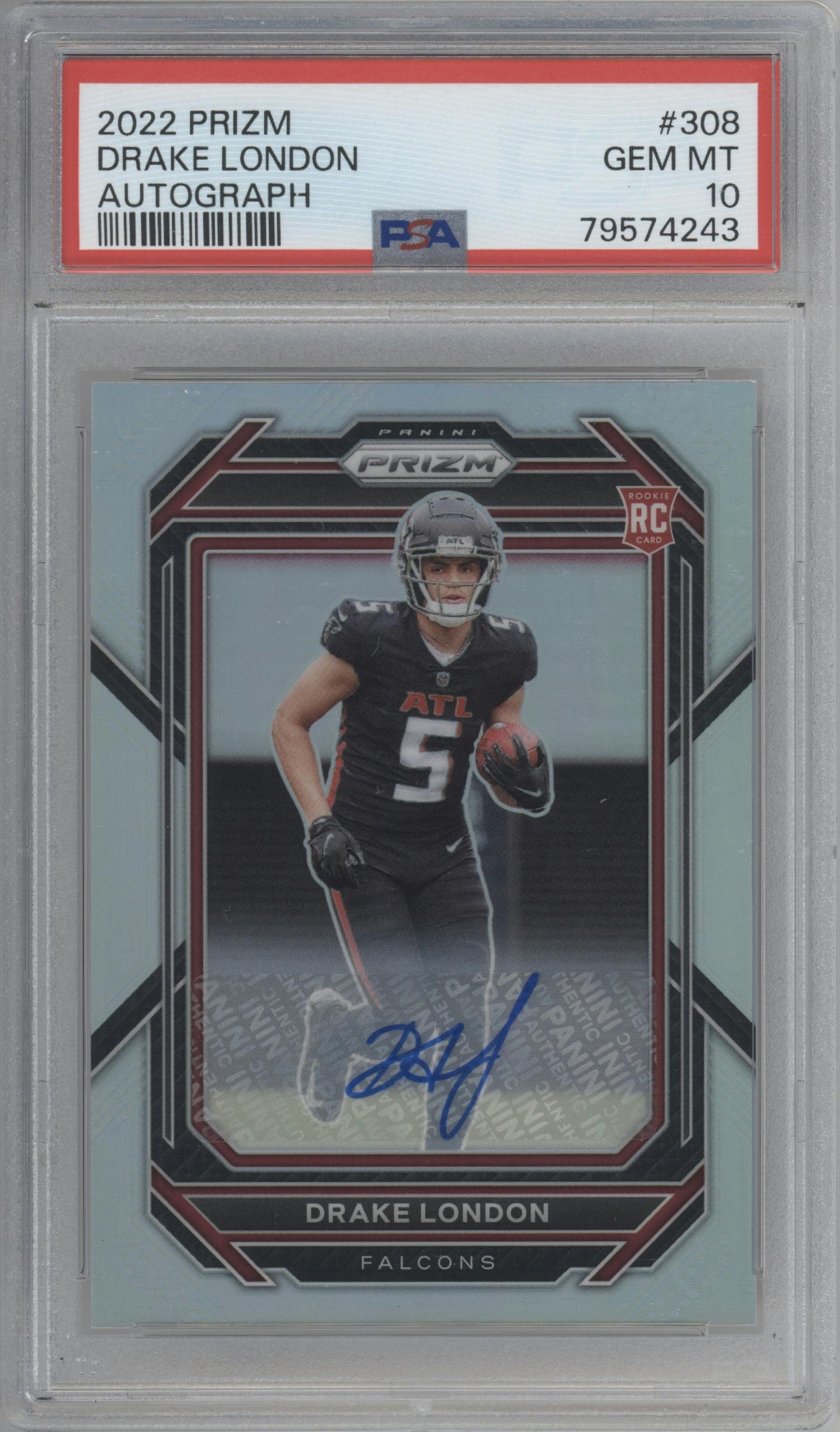 Drake London from the 2022 Panini Prizm set graded by PSA and given an overall grade of 10.