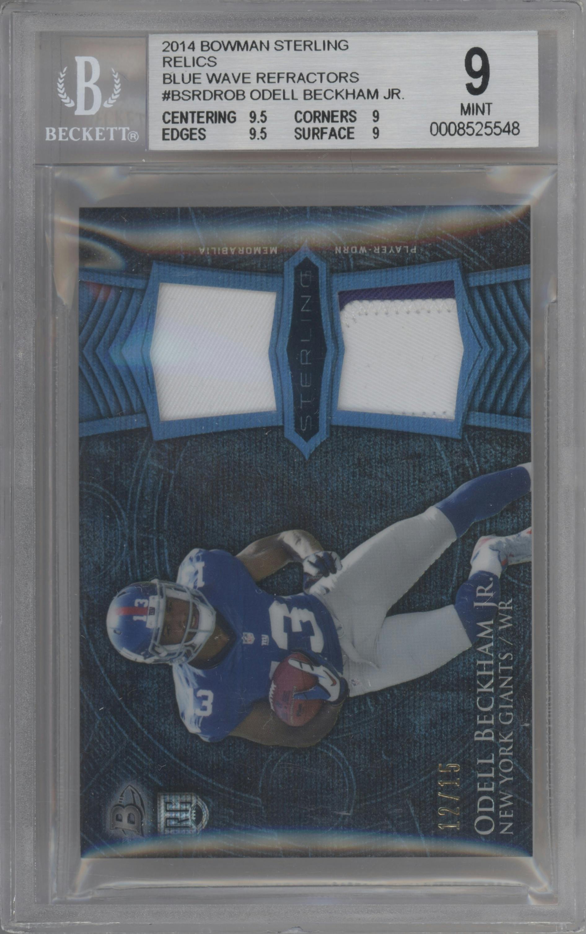 Odell Beckham Jr. from the 2014 Bowman Sterling set featuring a Blue Wave Refractor parallel graded by Beckett and given an overall grade of 9.