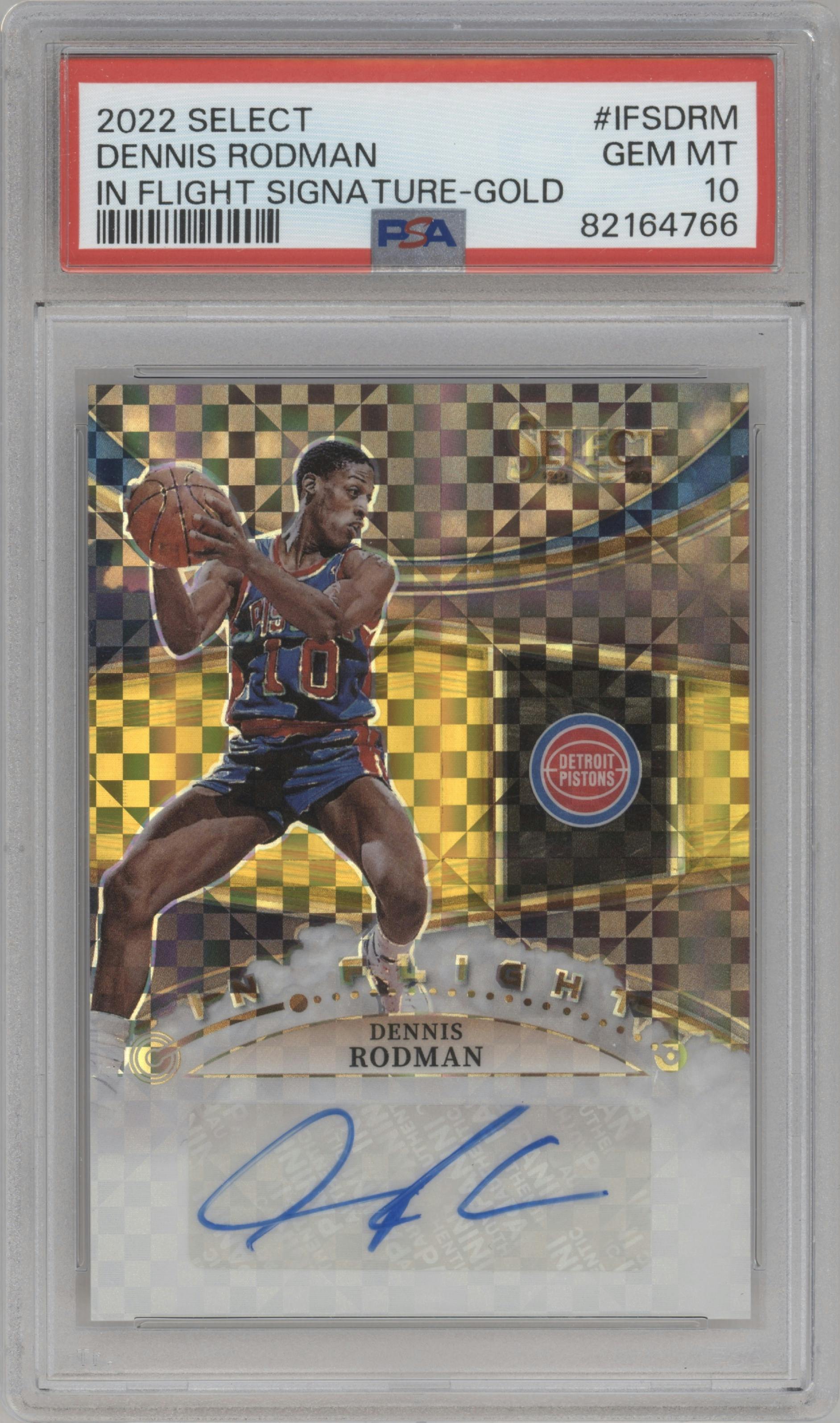 Dennis Rodman from the 2022-23 Panini Select set featuring a Gold Prizm parallel graded by PSA and given an overall grade of 10.