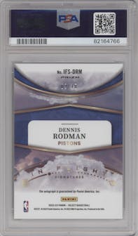 Dennis Rodman from the 2022-23 Panini Select set featuring a Gold Prizm parallel graded by PSA and given an overall grade of 10.