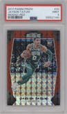 Jayson Tatum from the 2017-18 Panini Mosaic Prizm  set featuring a Red parallel graded by PSA and given an overall grade of 9.