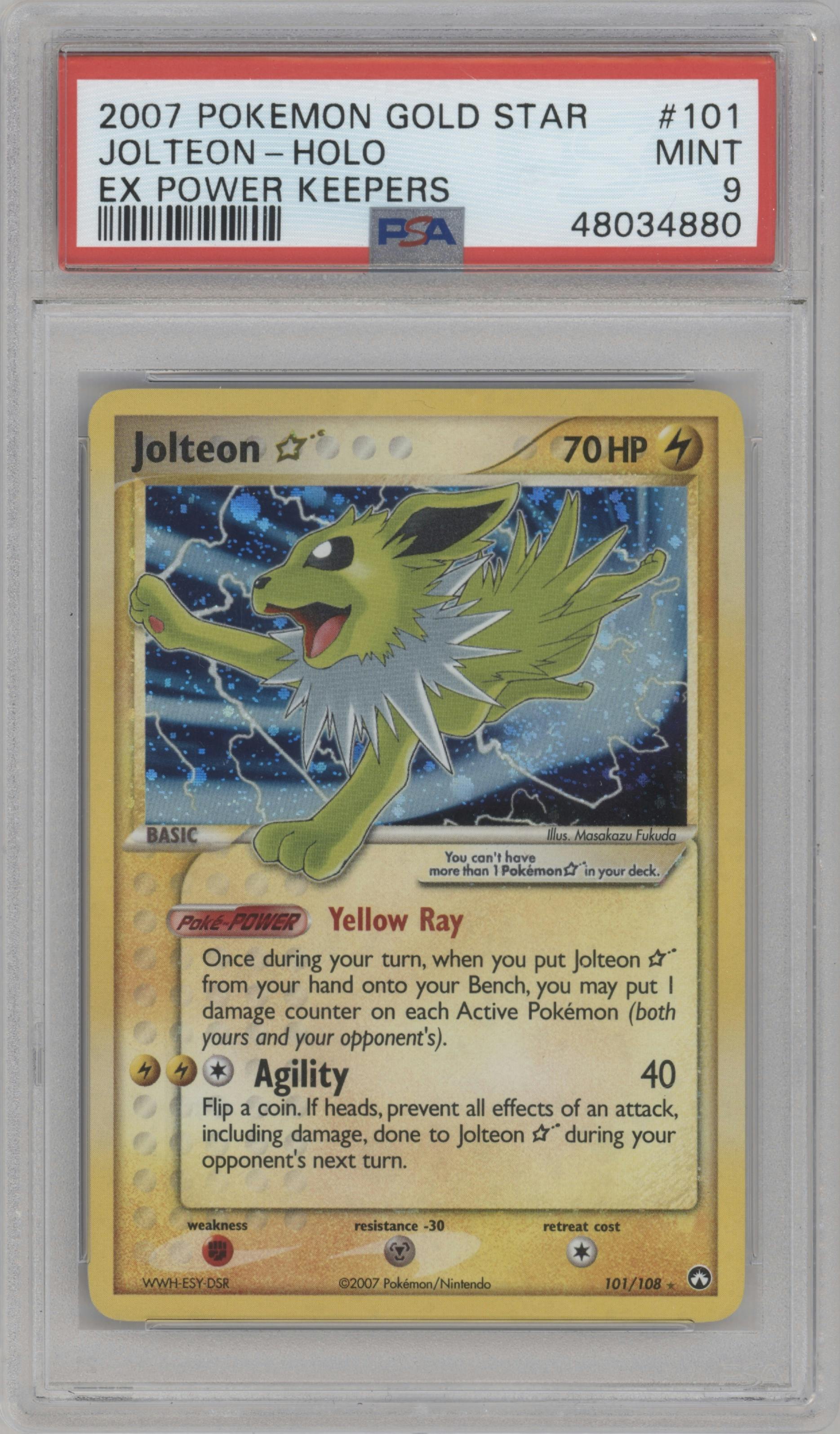 Jolteon Gold Star from the 2007 Pokemon EX set graded by PSA and given an overall grade of 9.