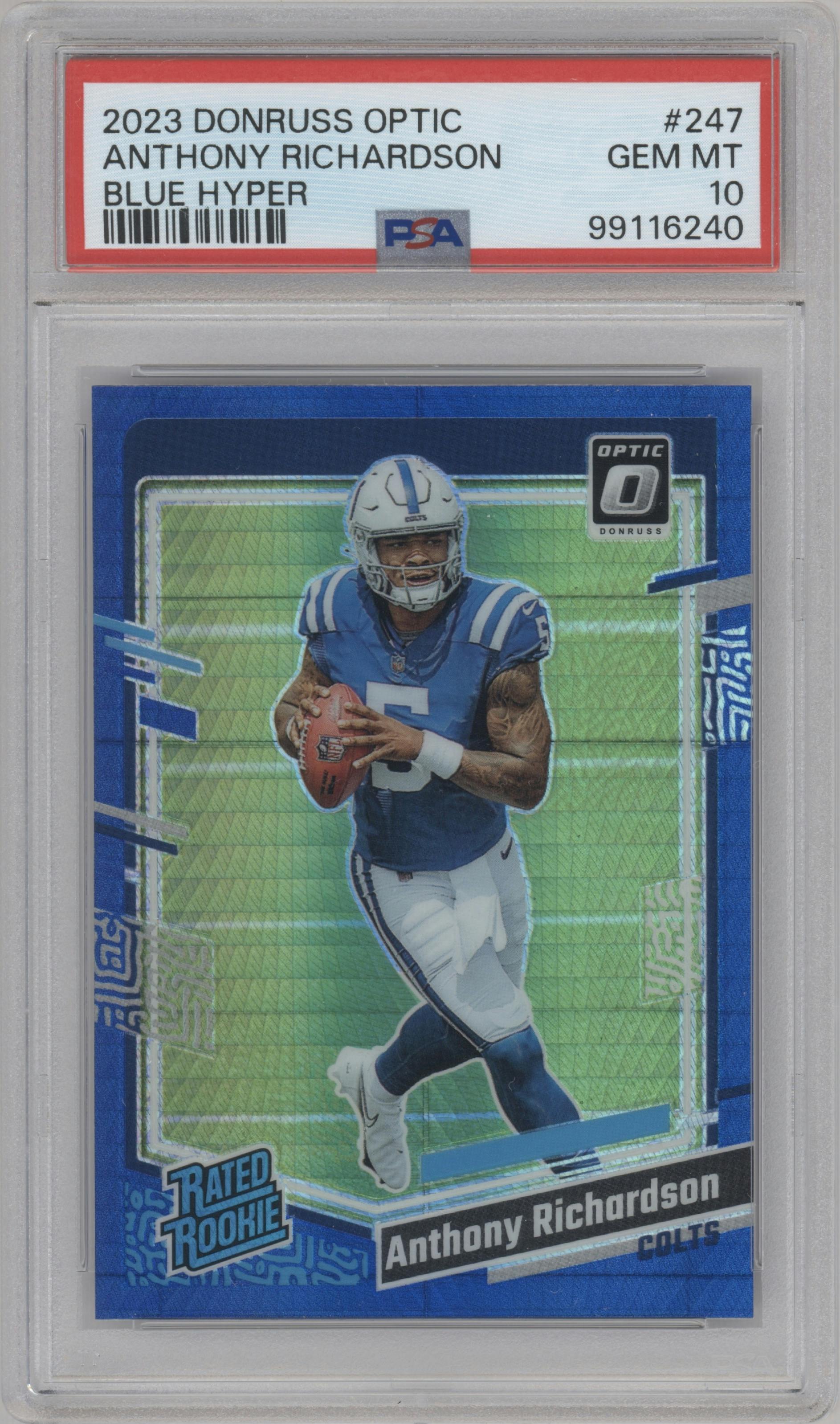 Anthony Richardson from the 2023 Donruss Optic set featuring a Hyper Blue parallel graded by PSA and given an overall grade of 10.