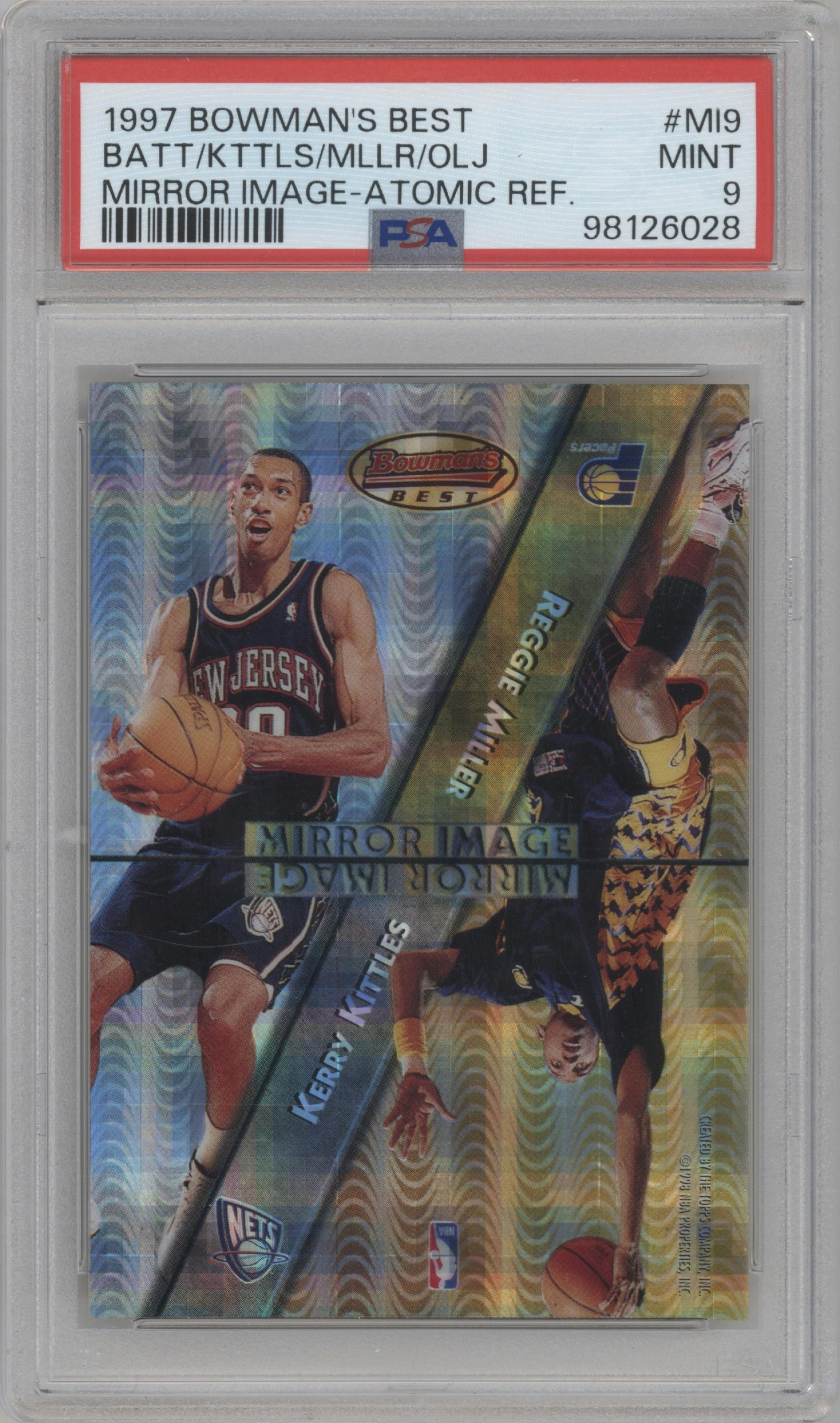 Kerry Kittles/Reggie Miller/Tony Battie/Hakeem Olajuwon from the 1997-98 Bowman's Best set featuring a Atomic Refractor parallel graded by PSA and given an overall grade of 9.