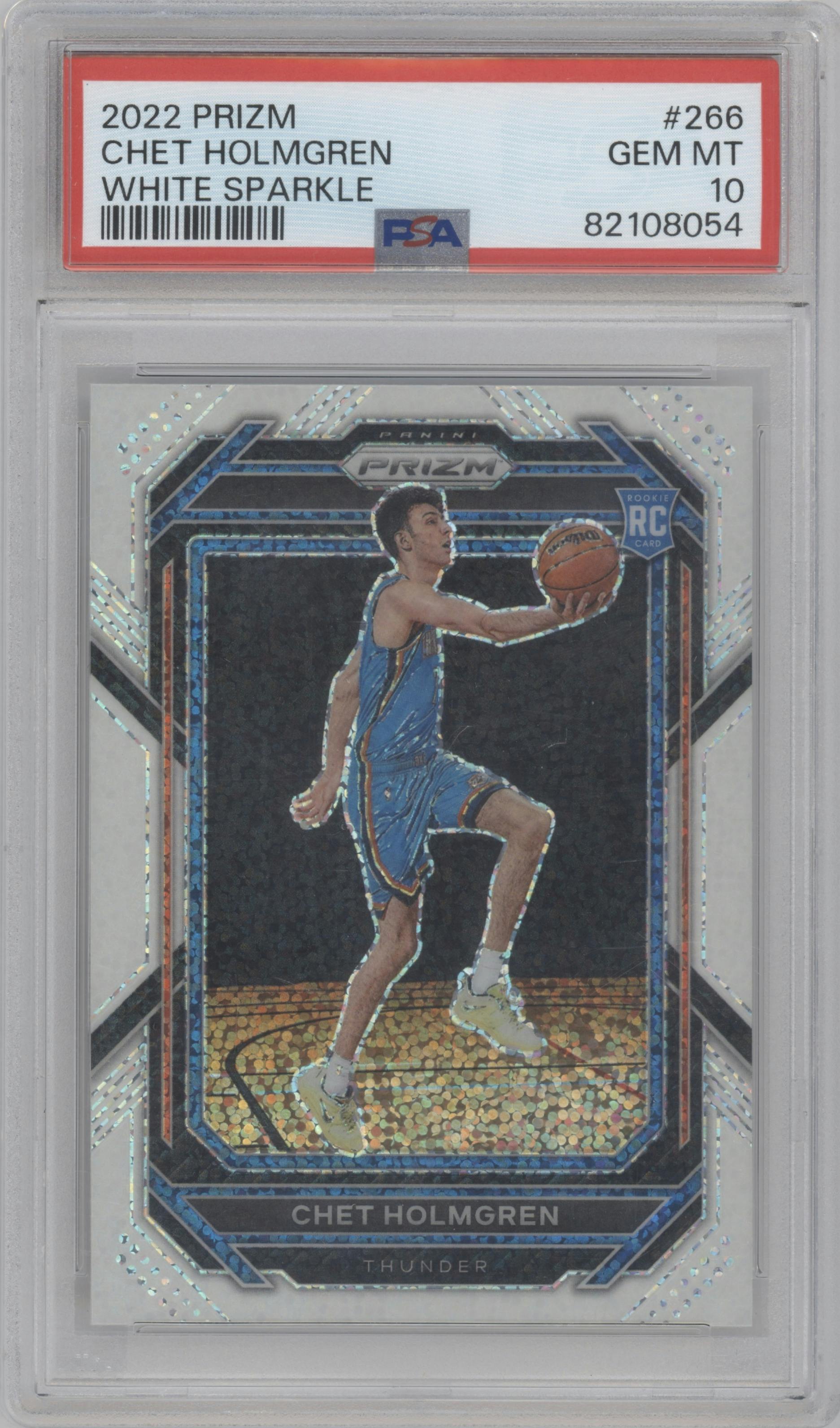 Chet Holmgren from the 2022-23 Panini Prizm  set featuring a White Sparkle parallel graded by PSA and given an overall grade of 10.