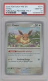 Eevee from the 2025 Pokemon SV set featuring a Poke Ball parallel graded by PSA and given an overall grade of 10.