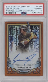 Ethan Salas from the 2024 Bowman Sterling set featuring a Orange Refractor  parallel graded by PSA and given an overall grade of 10.