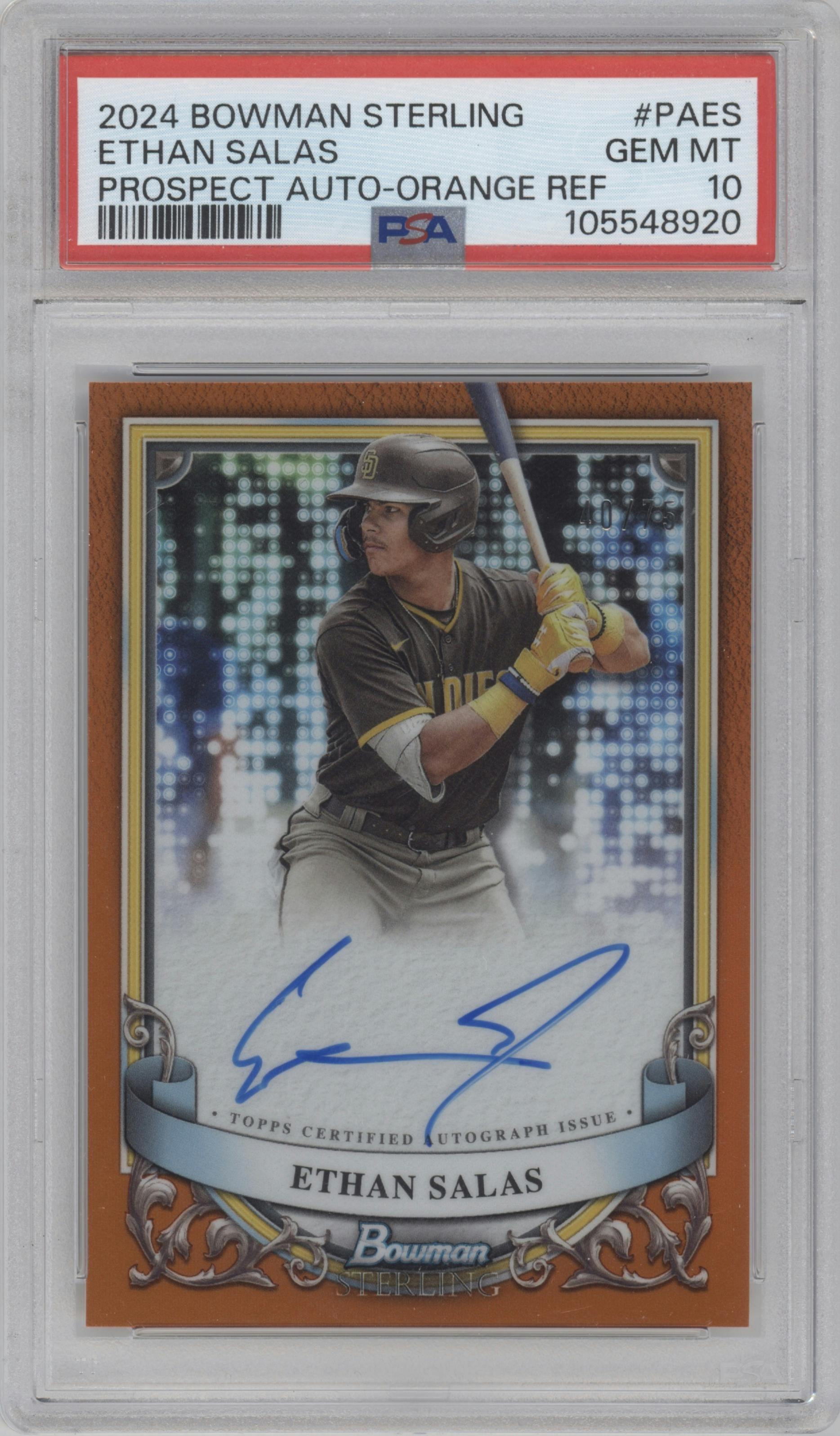Ethan Salas from the 2024 Bowman Sterling set featuring a Orange Refractor  parallel graded by PSA and given an overall grade of 10.