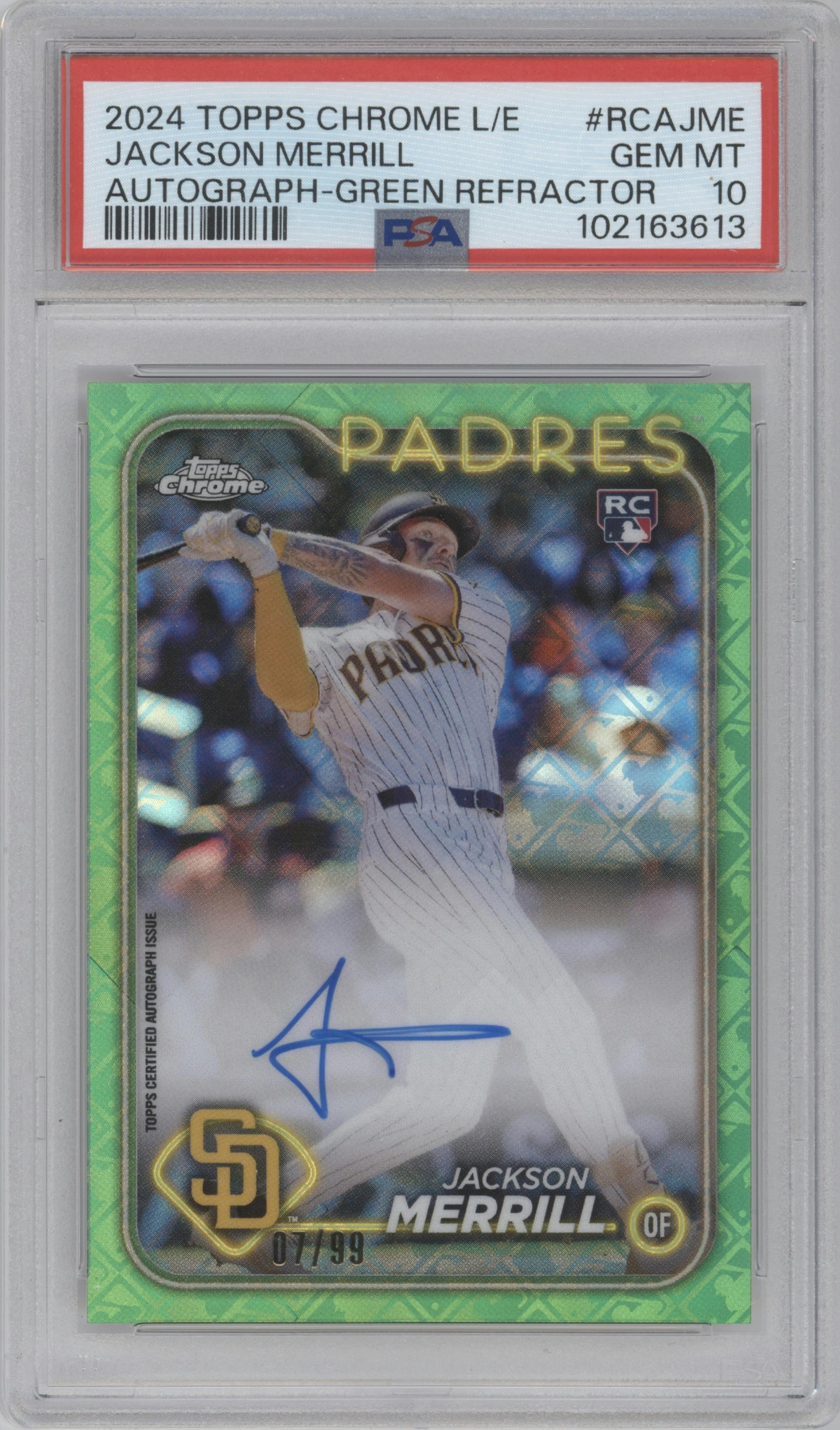 Jackson Merrill from the 2024 Topps Chrome Logofractor set featuring a Green Refractor parallel graded by PSA and given an overall grade of 10.