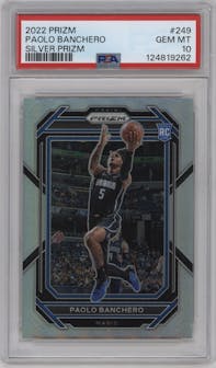 Paolo Banchero from the 2022-23 Panini Prizm  set featuring a Silver Prizm parallel graded by PSA and given an overall grade of 10.