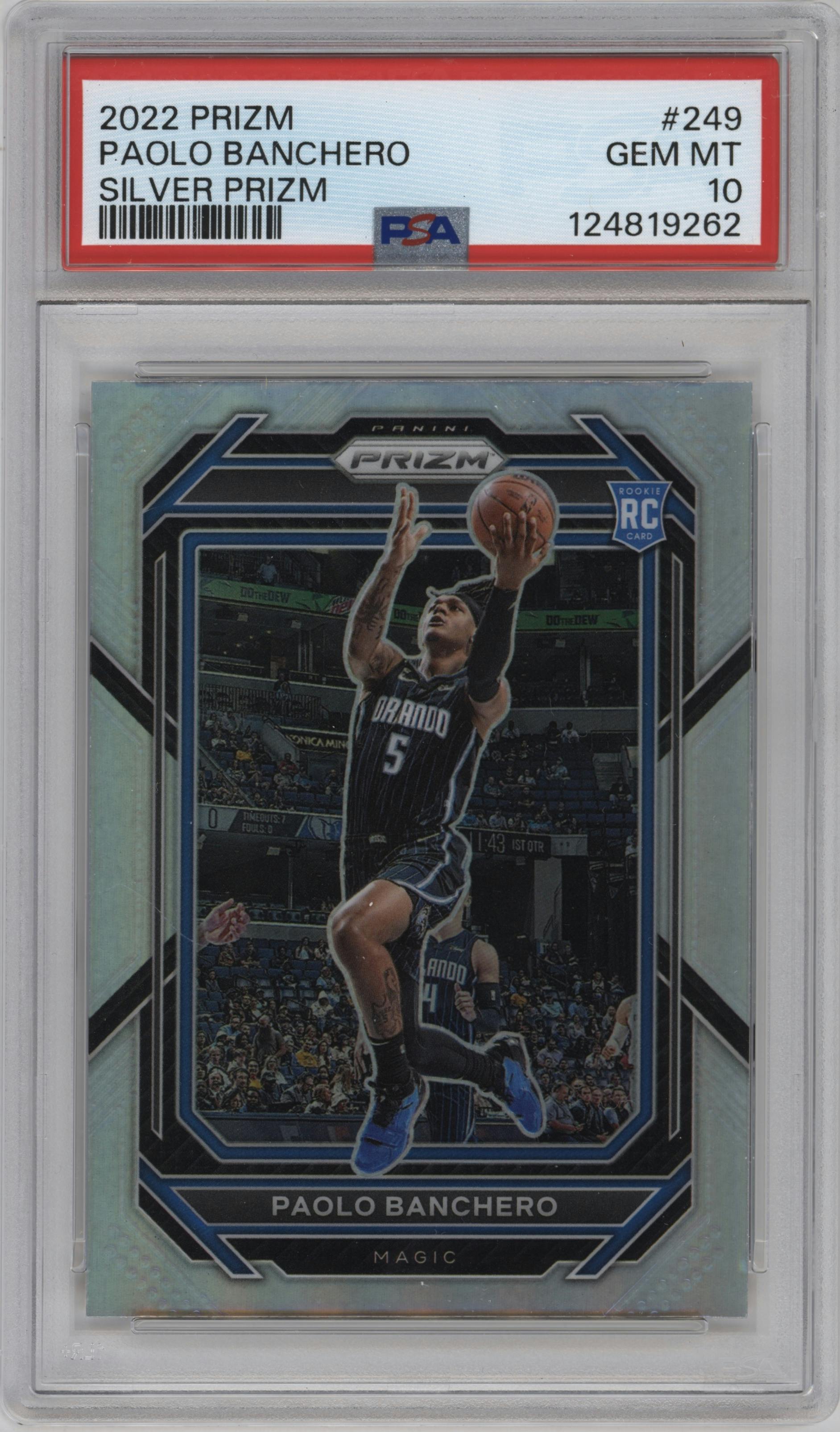 Paolo Banchero from the 2022-23 Panini Prizm  set featuring a Silver Prizm parallel graded by PSA and given an overall grade of 10.