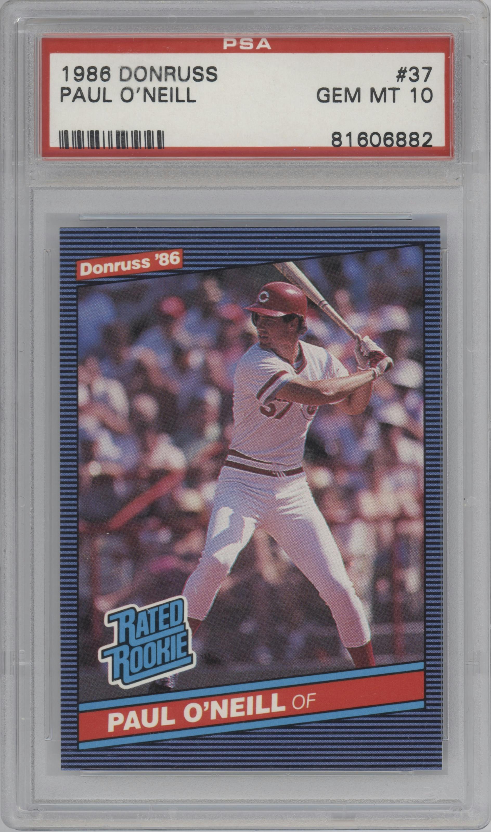 Paul O'Neill from the 1986 Donruss set graded by PSA and given an overall grade of 10.