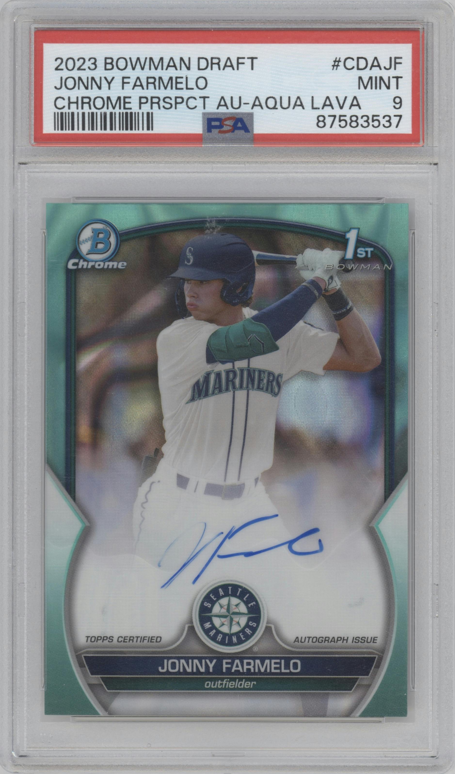 Jonny Farmelo from the 2023 Bowman Draft set featuring a Aqua Lava Refractor parallel graded by PSA and given an overall grade of 9.