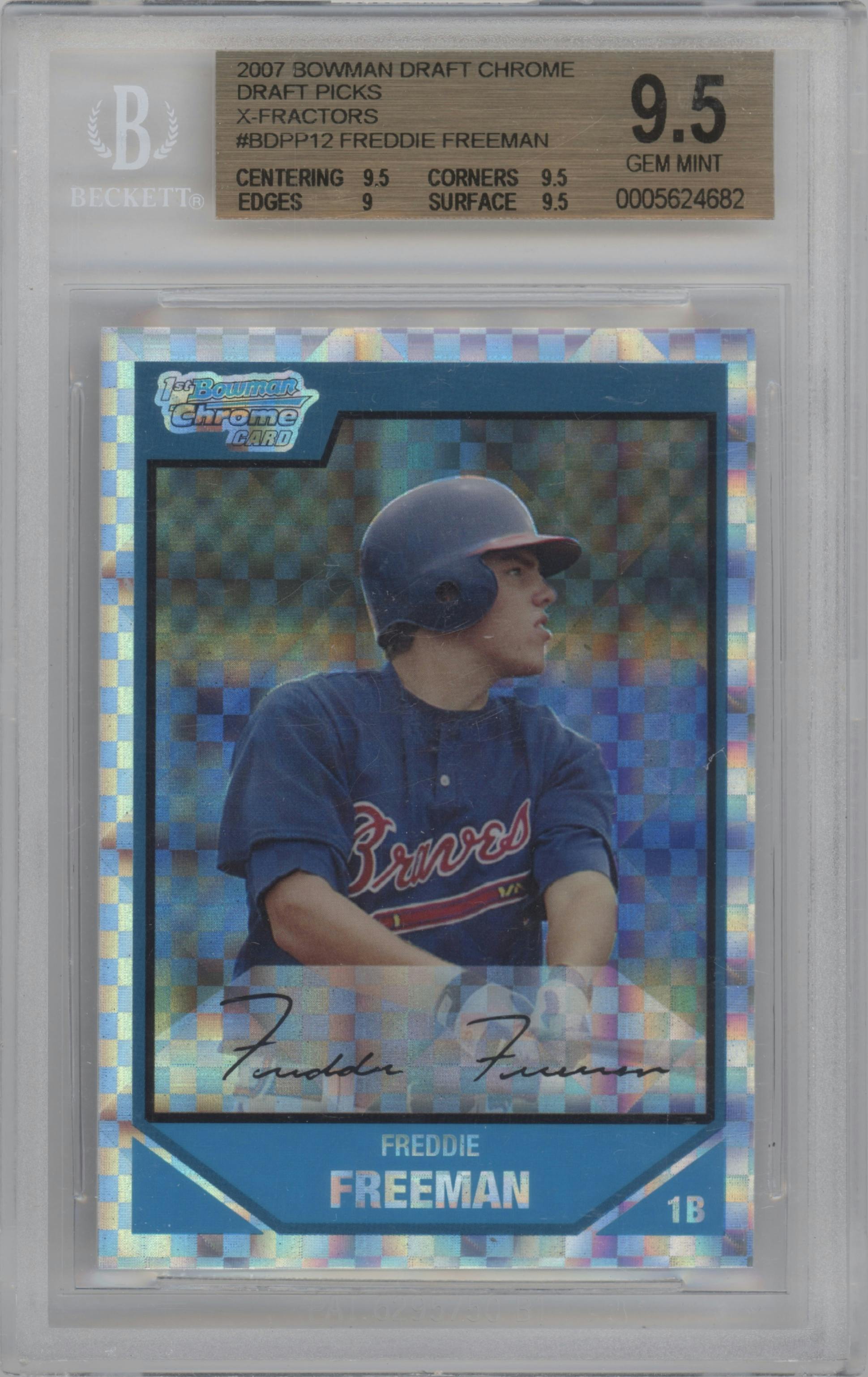 Freddie Freeman from the 2007 Bowman Draft Picks & Prospects set featuring a X-Fractor parallel graded by Beckett and given an overall grade of 9.5.