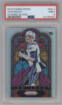 Tom Brady from the 2018 Panini Prizm set graded by PSA and given an overall grade of 9.